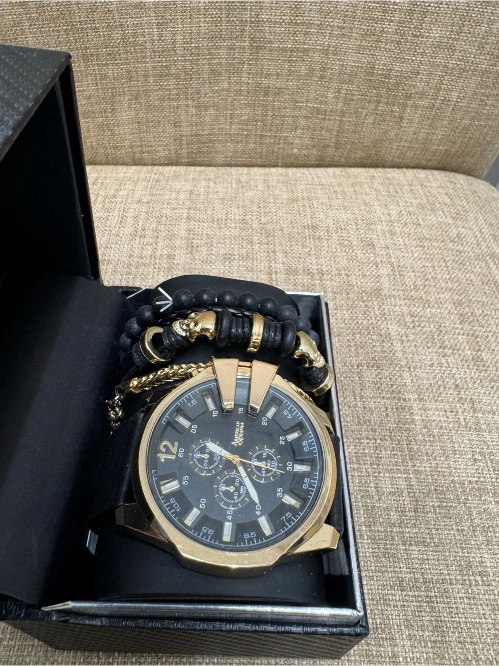 American Exchange Men's 5-Piece Watch & Bracelet Set Black/Gold Skull